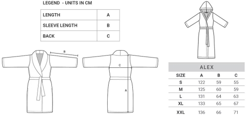 Szlafrok Abyss & Habidecor Alex 100 White - Tabela rozmiarów